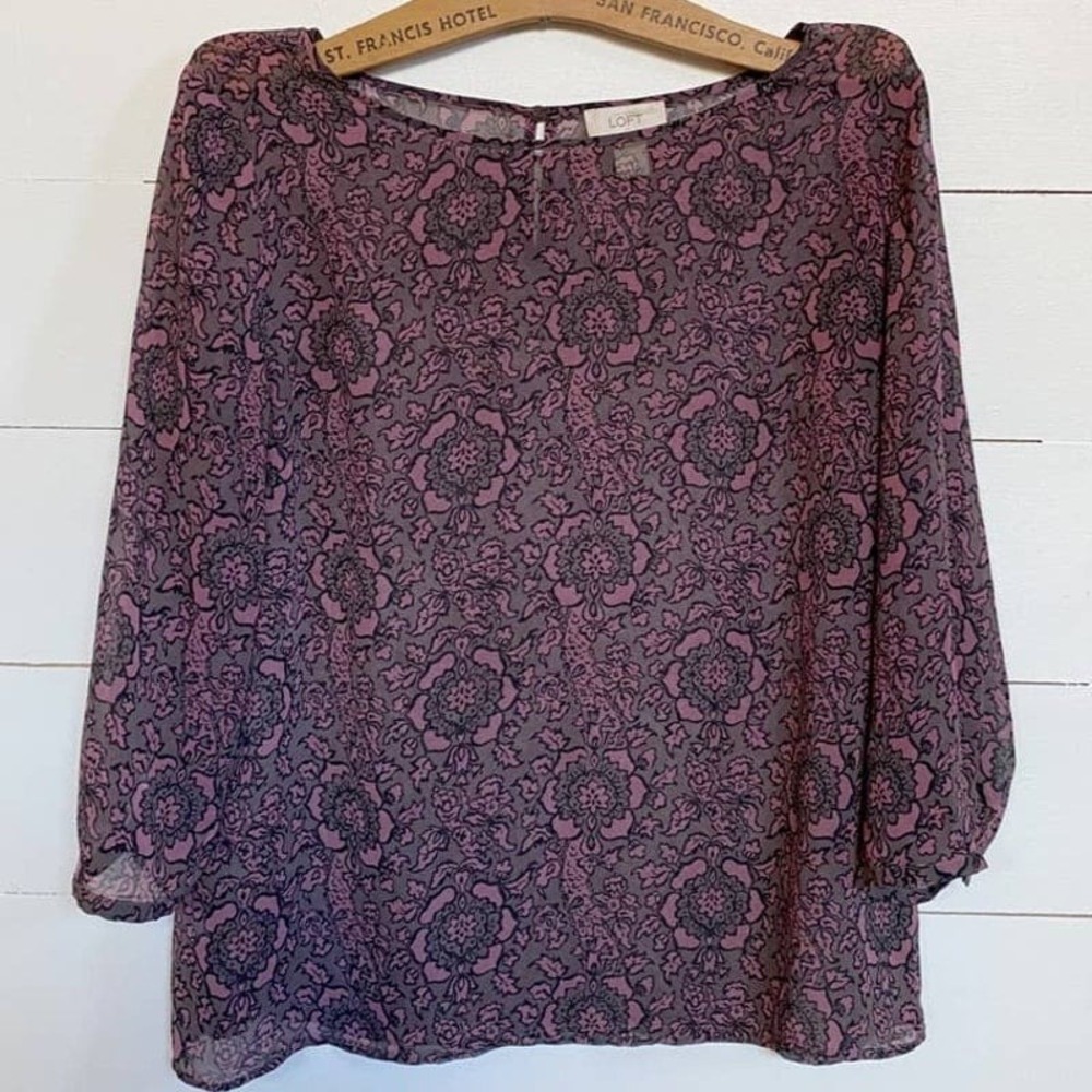 LOFT Sheer Mauve Navy Romantic Floral Blouse top - L